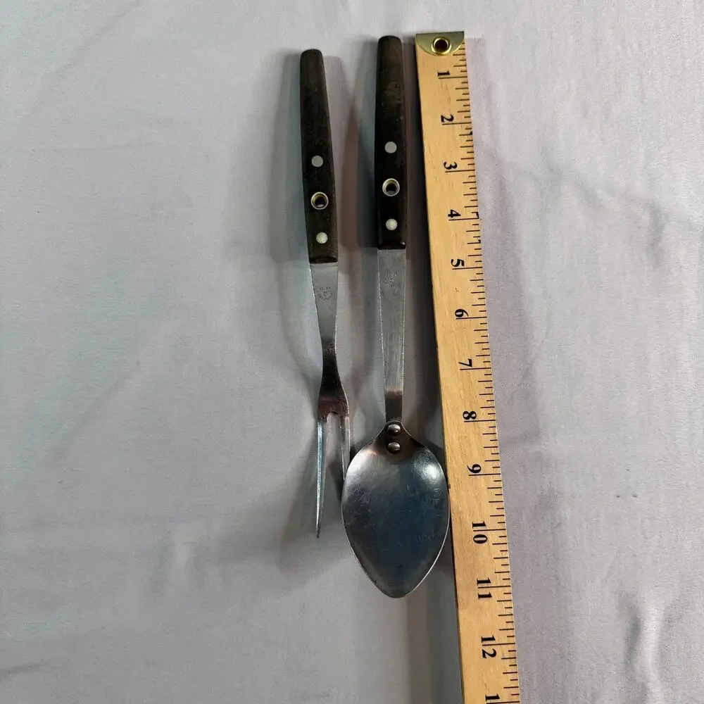 Vintage Flint Japan Stainless Steel Serving Spoon Fork Set Wood Handle MCM